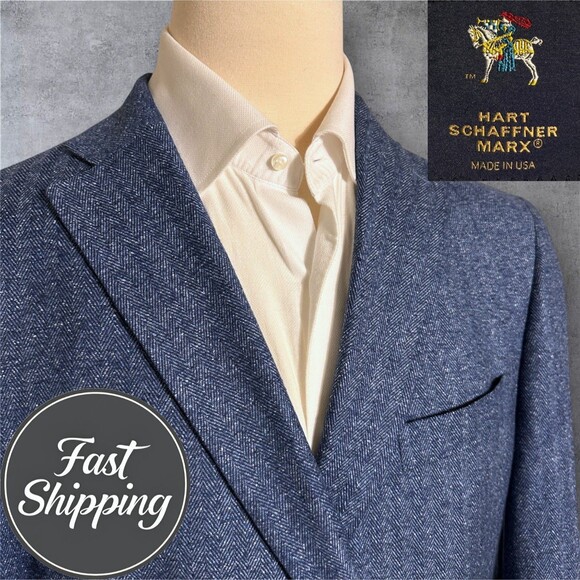 Hart Schaffner Marx 46R Wool Herringbone Blazer Sport Coat 2 Button Jacket Blue - Picture 1 of 15
